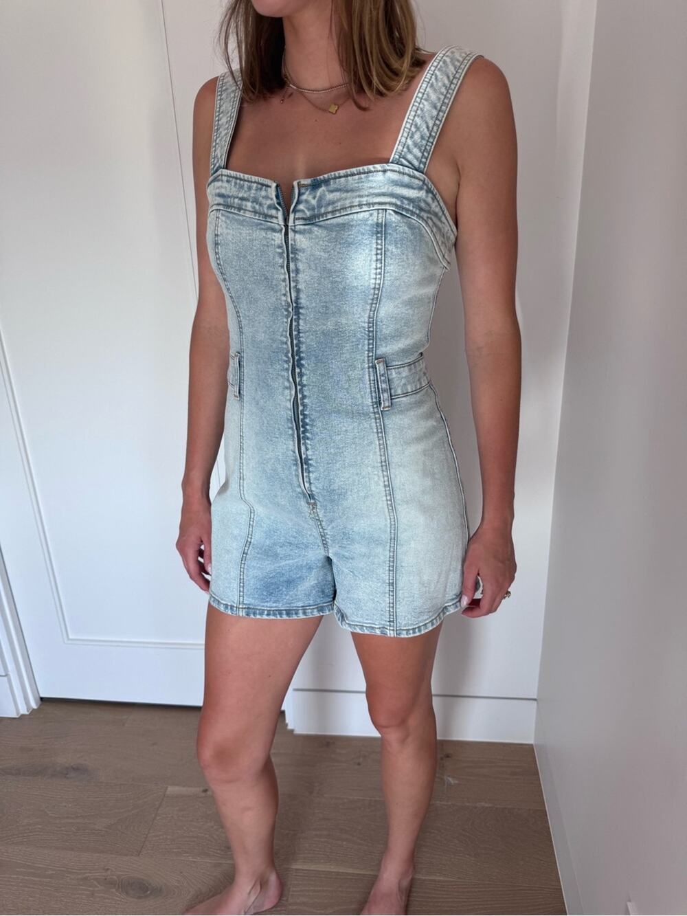 Free People Washed Light Blue Denim Short Romper